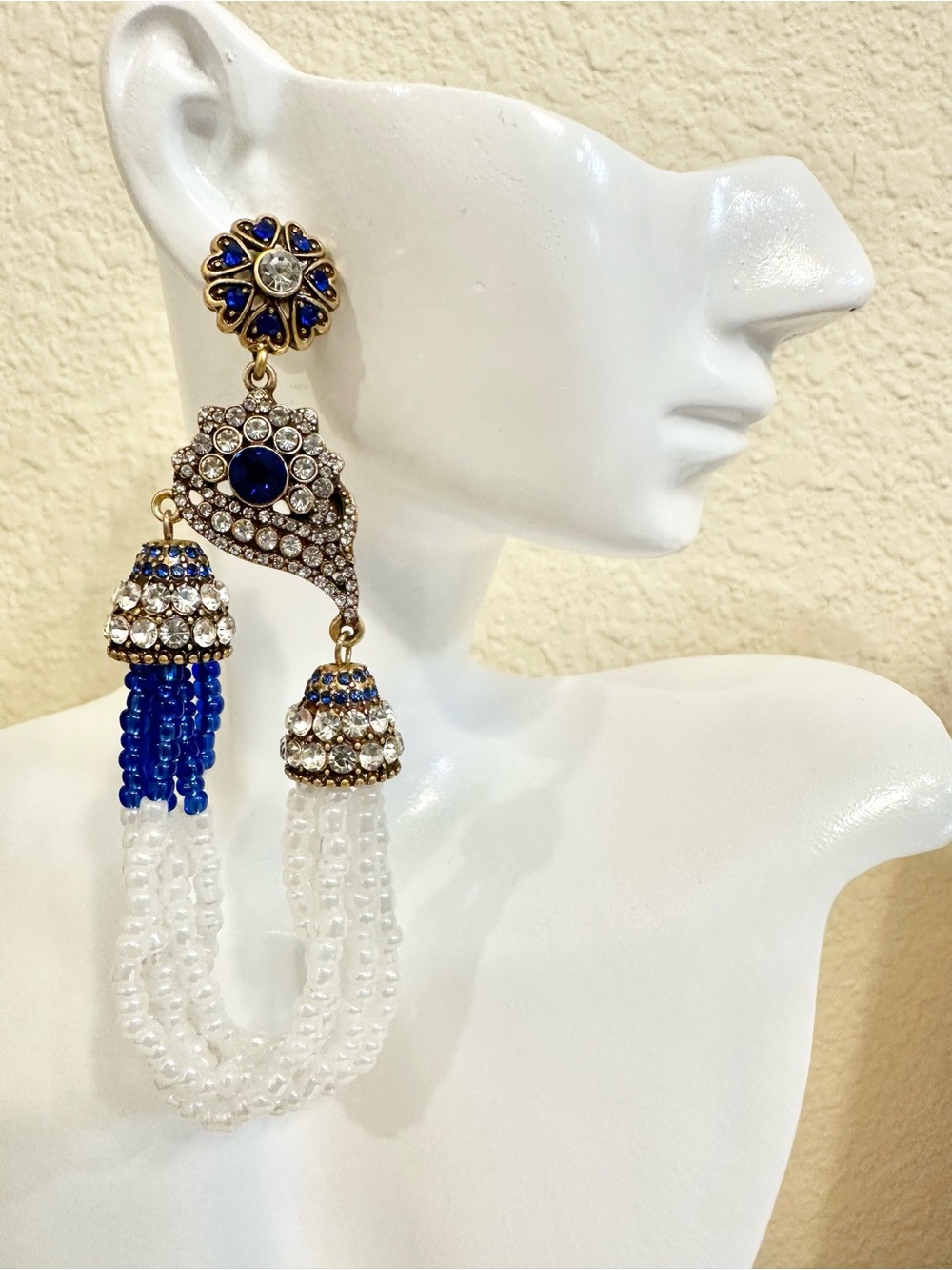 Southeast Asian Inspired Blue/White Crystal Tassel Earrings w/ CZ Accents